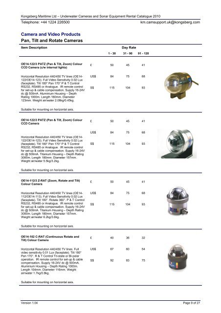 Underwater Cameras and Sonar Equipment Rental Catalogue 2010