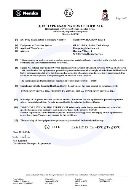 09atex1330x Gla 310 Issue 1 Pdf Kongsberg Maritime