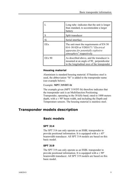 Instruction manual, SPT and MPT 31x series transponders