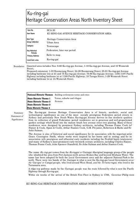 Ku-ring-gai Heritage Conservation Areas North Inventory Sheet