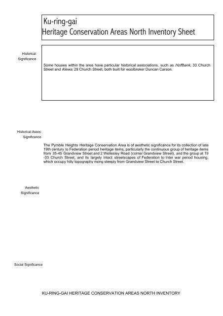 Ku-ring-gai Heritage Conservation Areas North Inventory Sheet