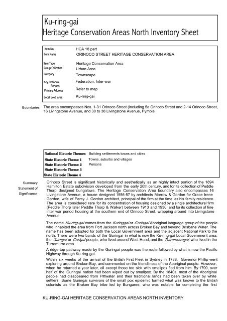 Ku-ring-gai Heritage Conservation Areas North Inventory Sheet