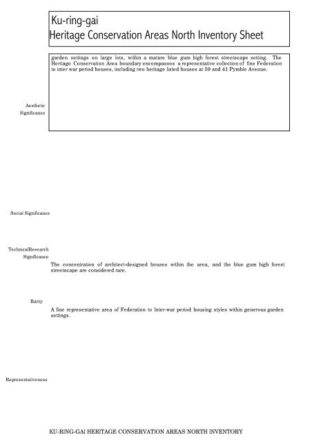 Ku-ring-gai Heritage Conservation Areas North Inventory Sheet