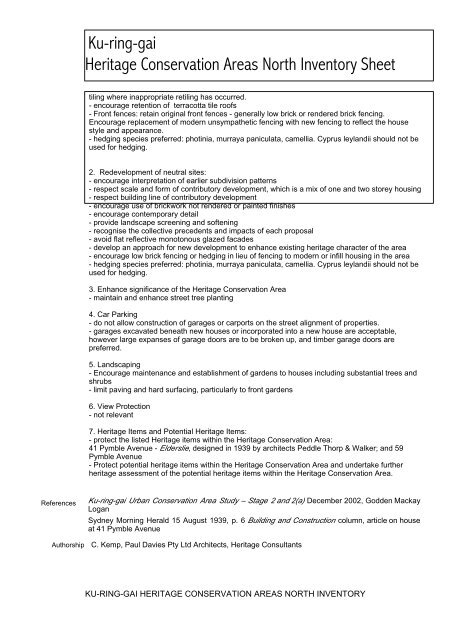 Ku-ring-gai Heritage Conservation Areas North Inventory Sheet