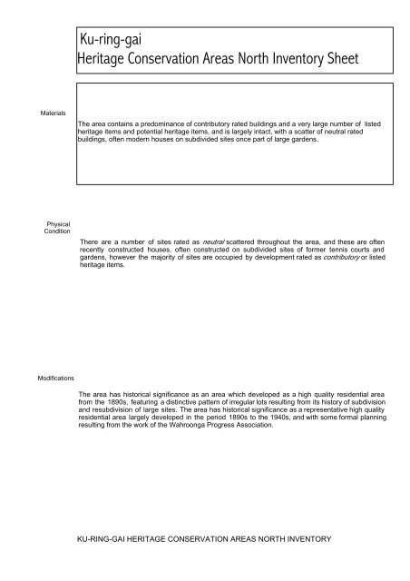 Ku-ring-gai Heritage Conservation Areas North Inventory Sheet