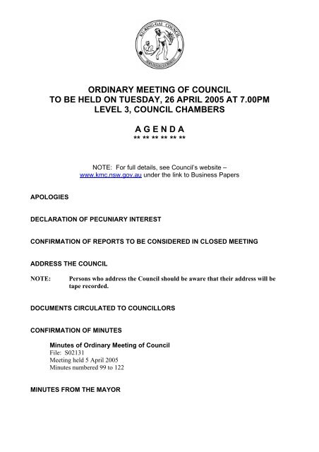 ordinary meeting of council to be held on tuesday, 26 april 2005 at ...