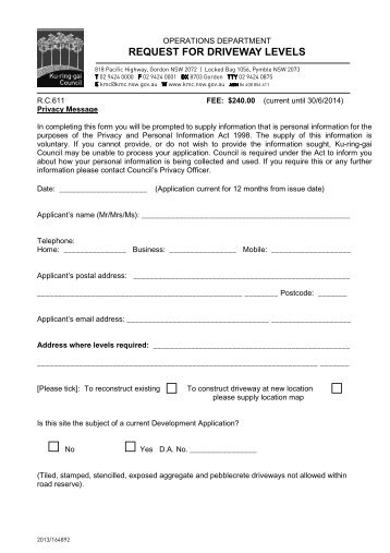 Form - Request for Driveway Levels 2013 - 2014 - Ku-ring-gai Council