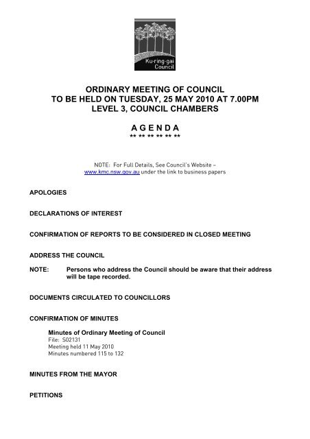 ordinary meeting of council to be held on tuesday, 25 may 2010 at ...