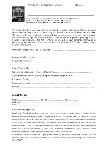 2012 087933 Application Form Road Opening Permit - Ku-ring-gai ...