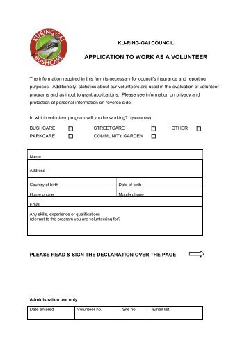 APPLICATION TO WORK AS A VOLUNTEER - Ku-ring-gai Council