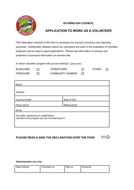 APPLICATION TO WORK AS A VOLUNTEER - Ku-ring-gai Council