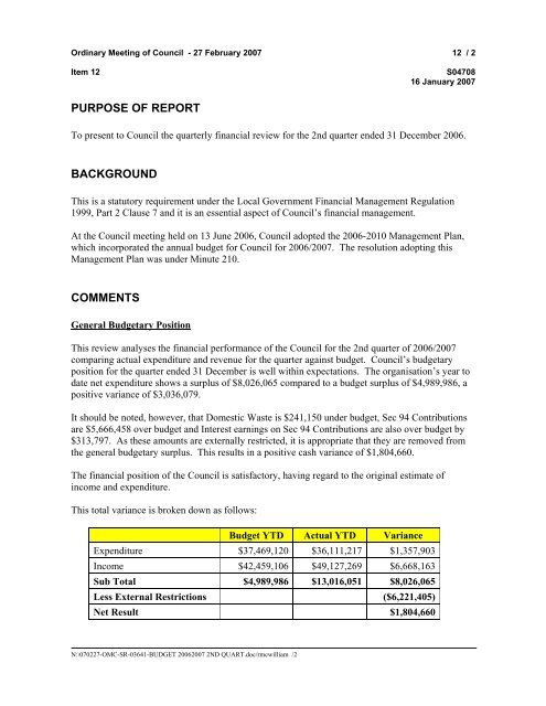 27 February 2007 - Ordinary Meeting of Council (pdf. 14MB)