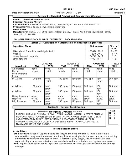 KB2406 MSDS No. MI42 Date of Preparation: 3/09 NOT ... - KMCO