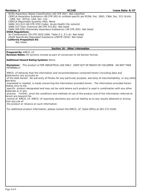 KC168 MSDS No. MI63 Date of Preparation: 6/07 Revision: 3 - KMCO