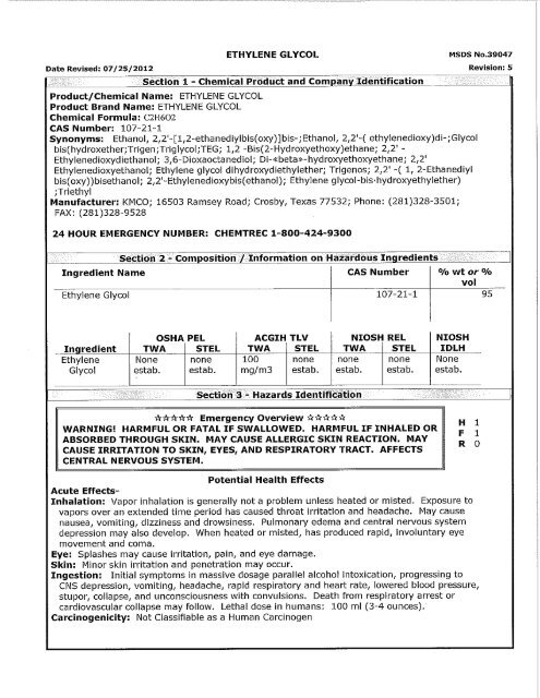 ethylene glycol msds - KMCO