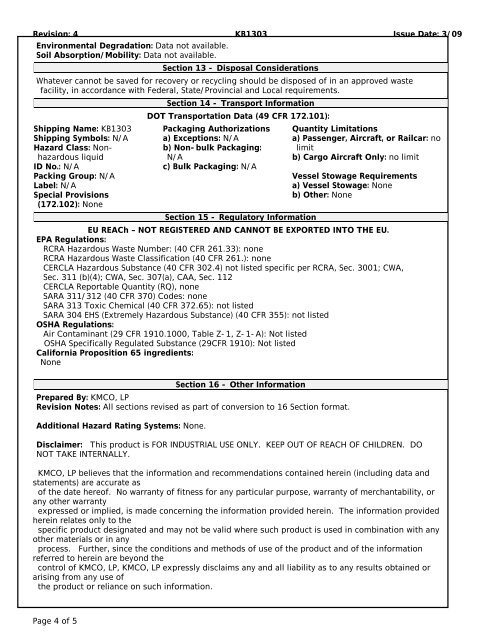 KB1303 NOT FOR EXPORT TO THE EU MSDS No. MI30 ... - KMCO