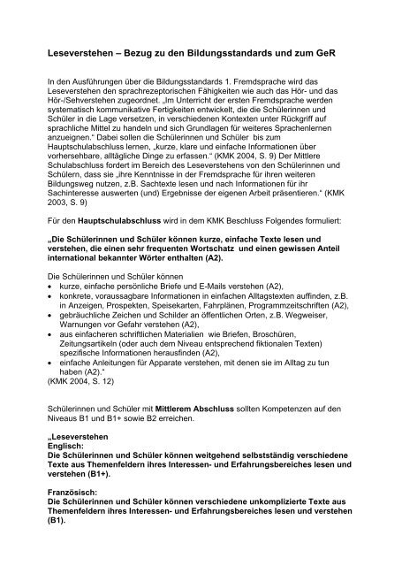 Leseverstehen â Bezug zu den Bildungsstandards und zum GeR