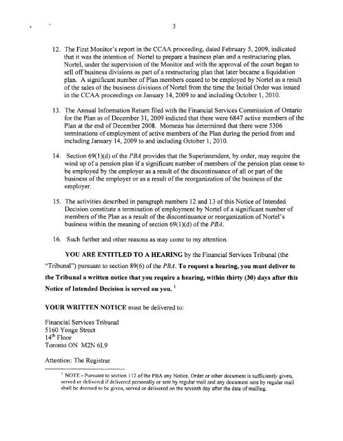 Notice of Intended Decision for the Nortel Networks Limited ...