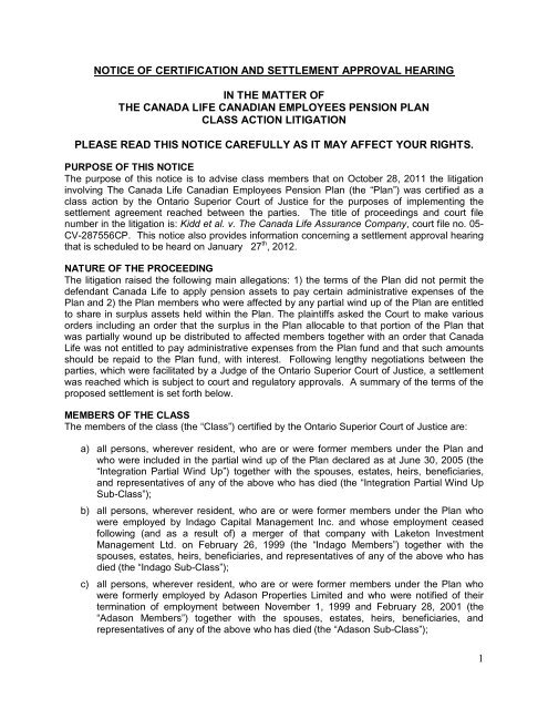 Notice of Certification and Settlement Approval Hearing