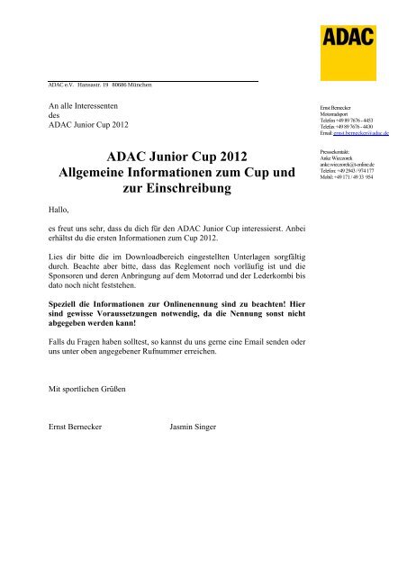 ADAC Junior Cup 2012 Allgemeine ... - ADAC Motorsport