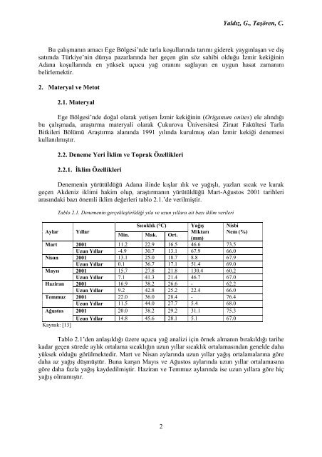 adana koÅullarÄ±nda yetiÅtirilen izmir kekiÄi (origanum onites l.)