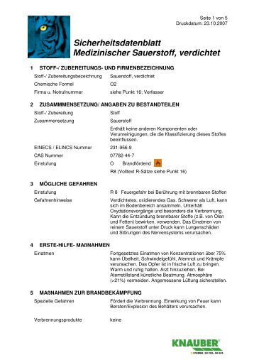 Sicherheitsdatenblatt Medizinischer Sauerstoff, verdichtet