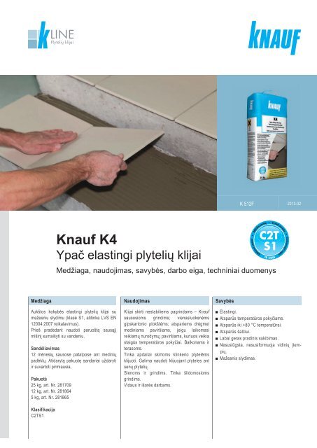 Knauf K4 elastingų plytelių klijų tech. instrukcijos (PDF / 569 KB)