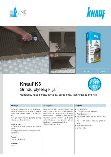 Knauf K3 grindų plytelių klijų tech. instrukcijos