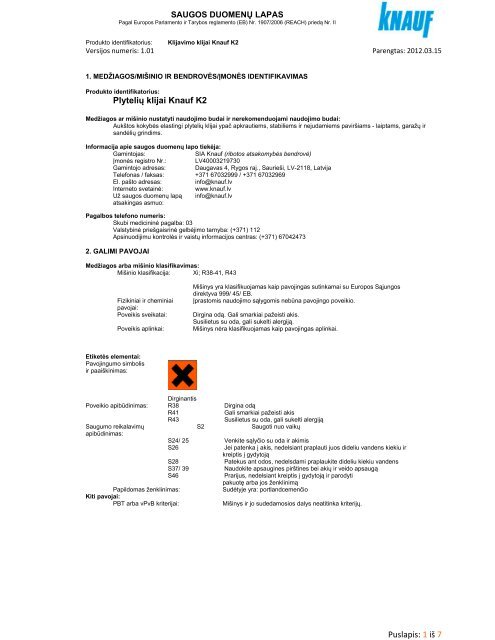 Knauf K2 plytelių klijų saugos duomenų lapas