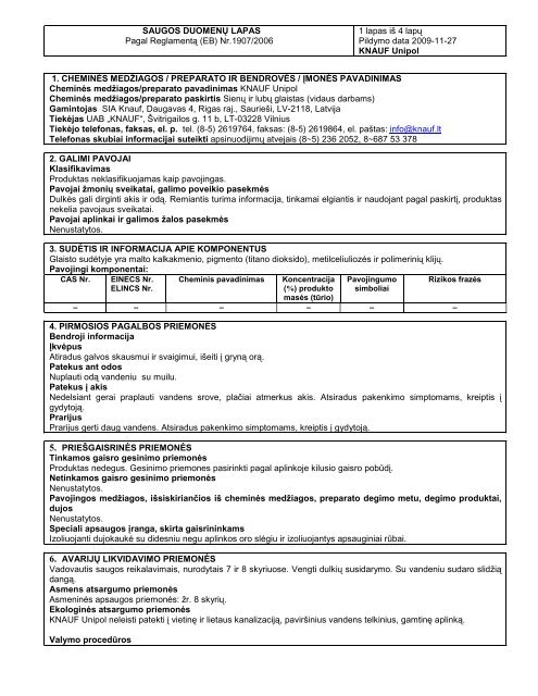 SAUGOS DUOMENŲ LAPAS Pagal Reglamentą (EB) Nr.1907/2006 ...