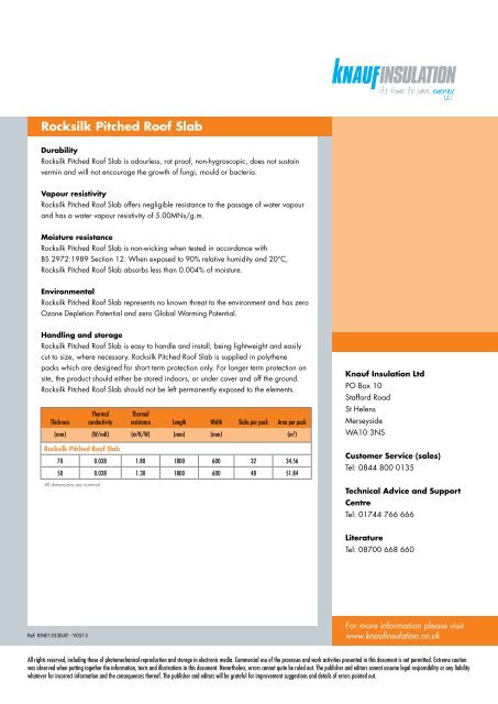 Datasheet - Rocksilk Pitched Roof Slab - Knauf Insulation