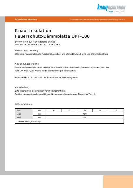 Knauf Insulation Feuerschutz-DÃ¤mmplatte DPF-100