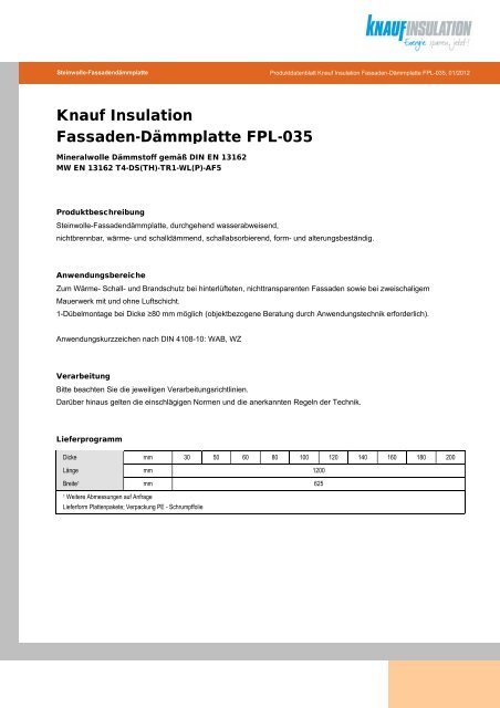 Knauf Insulation Fassaden-DÃ¤mmplatte FPL-035