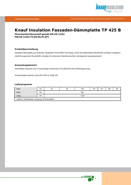 Knauf Insulation Fassaden-DÃ¤mmplatte TP 425 B