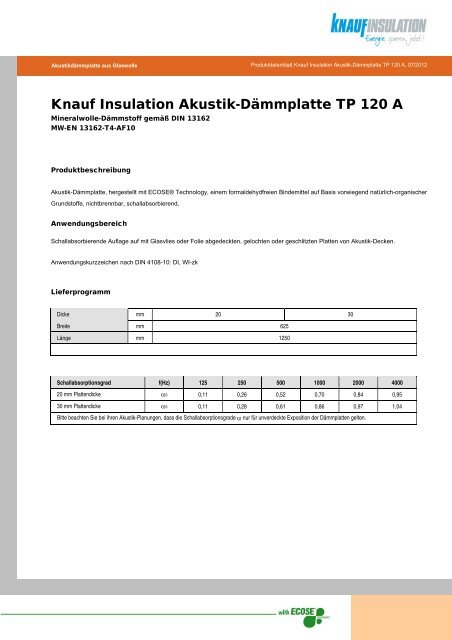 Knauf Insulation Akustik-DÃ¤mmplatte TP 120 A