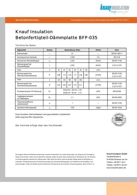 Knauf Insulation Betonfertigteil-DÃ¤mmplatte BFP-035