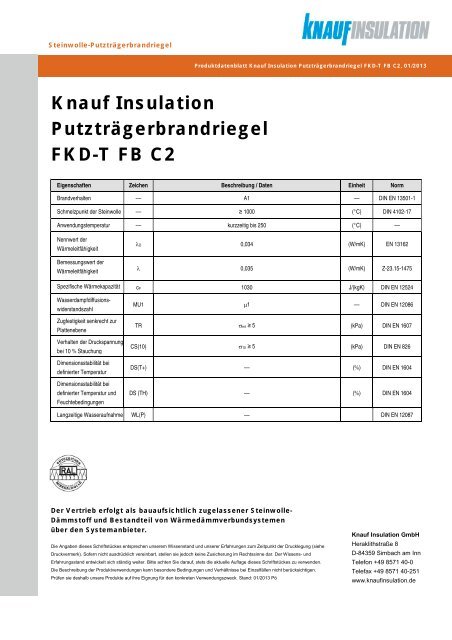 Knauf Insulation PutztrÃ¤gerbrandriegel FKD-T FB C2