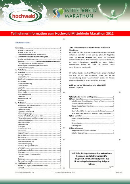 Teilnehmerinformation zum Hochwald Mittelrhein Marathon 2012