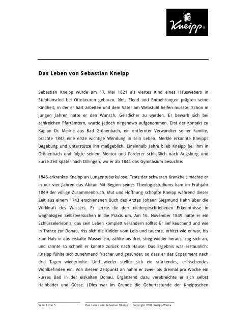 Das Leben von Sebastian Kneipp als pdf-Download