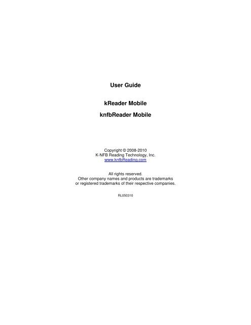 User Guide kReader Mobile knfbReader Mobile