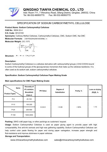 Specification of Sodium Carboxymethyl Cellulose Paper Making Grade