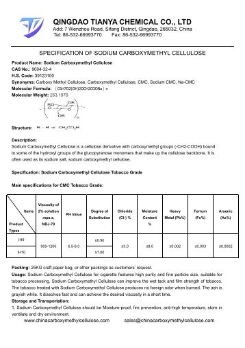 Specification of Sodium Carboxymethyl Cellulose Tabacco Grade