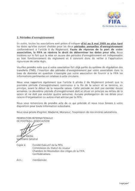 AUX MEMBRES DE LA FIFA Reglement du Statut et du ... - FIFA.com