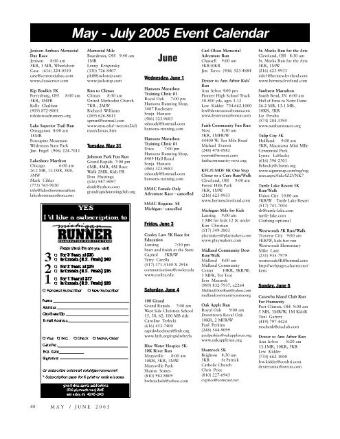 May - June 2005 Event Calendar - Michigan Runner