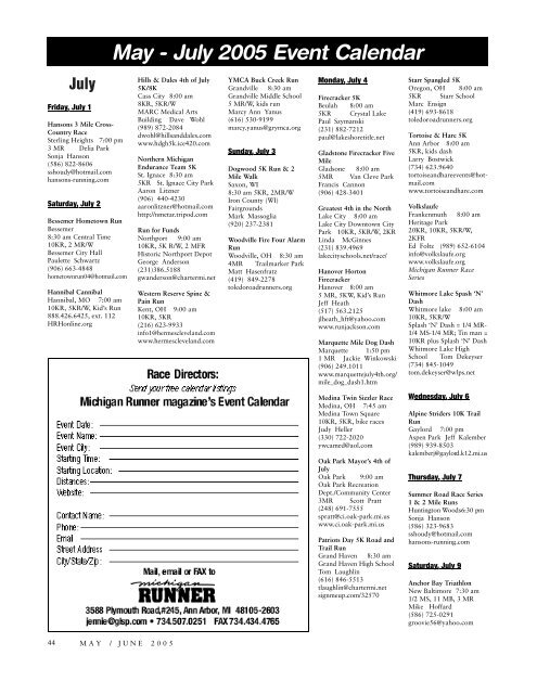 May - June 2005 Event Calendar - Michigan Runner