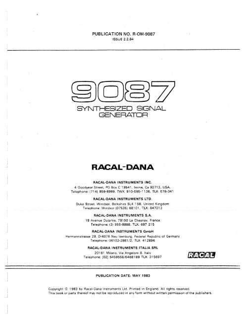 Racal 9087 Signal Generator Operation Manual