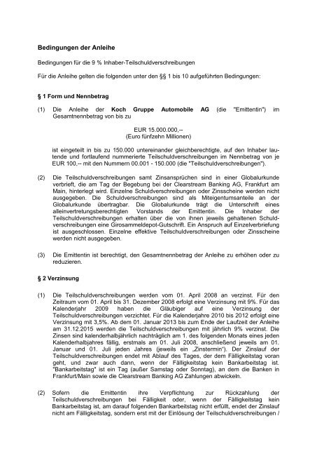 Bedingungen der Anleihe - Koch Automobile AG