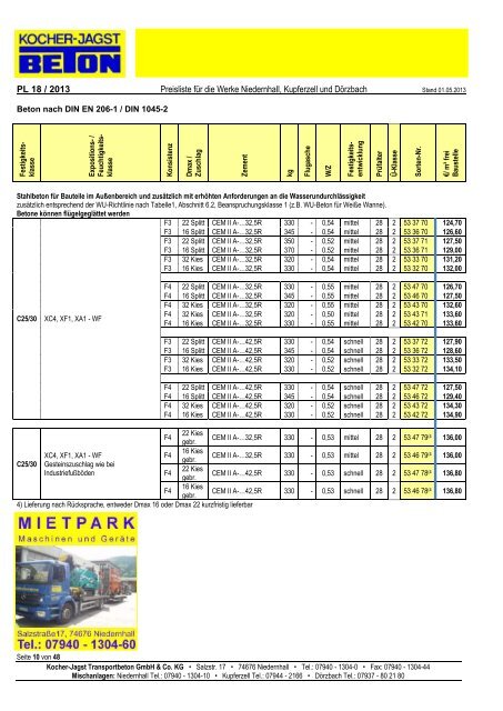 Preisliste PL 18 - Kocher-Jagst Transportbeton GmbH & Co. KG