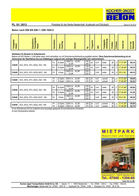 Preisliste PL 18 - Kocher-Jagst Transportbeton GmbH & Co. KG