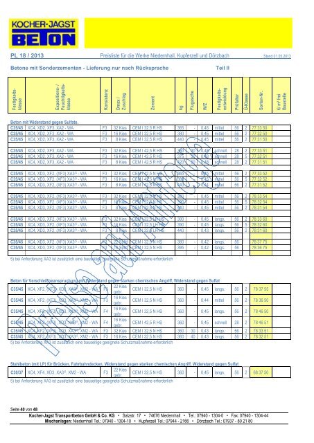 Preisliste PL 18 - Kocher-Jagst Transportbeton GmbH & Co. KG